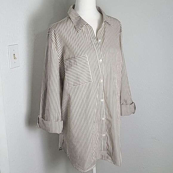 Catos Brown & White Stripe High-Low Shirt, Buttons Down the Back, Sz XL, NWT - Picture 9 of 12